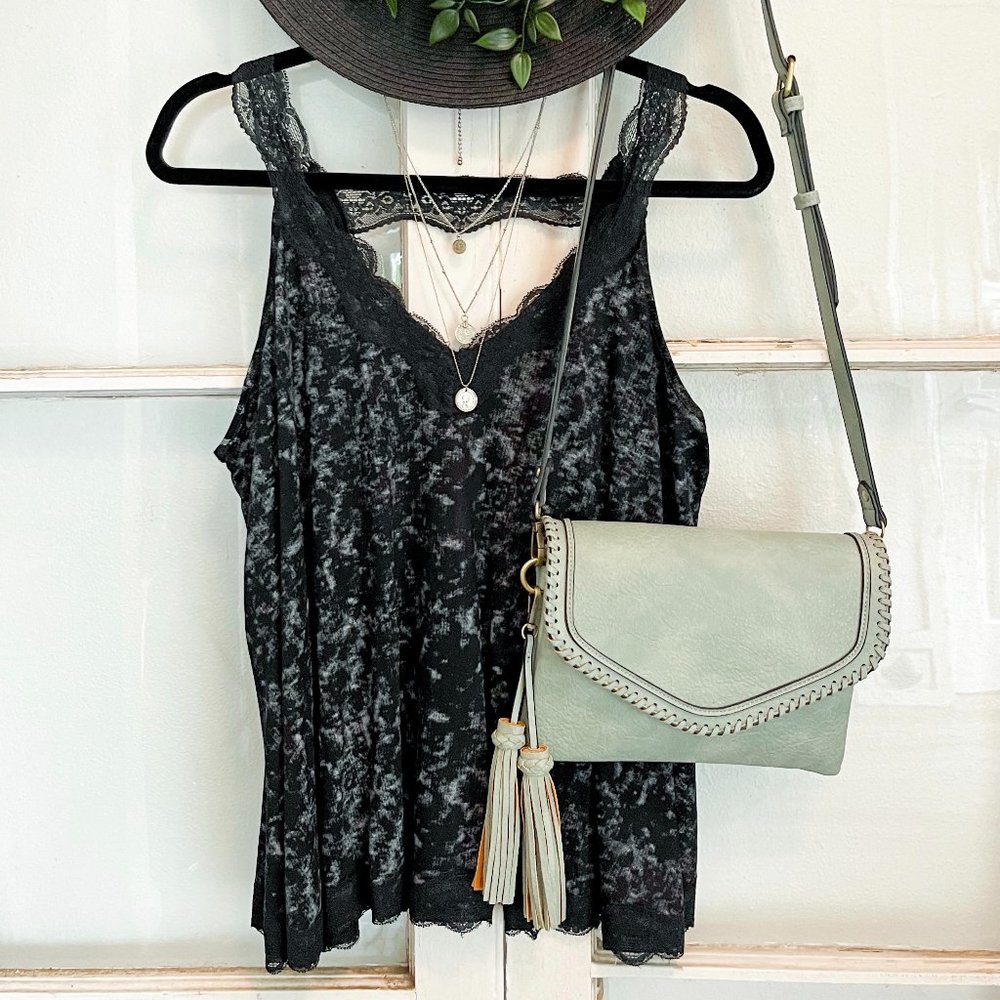 BLACK Flowy Vintage Wash Lace Tank Tops - Picture 2 of 6